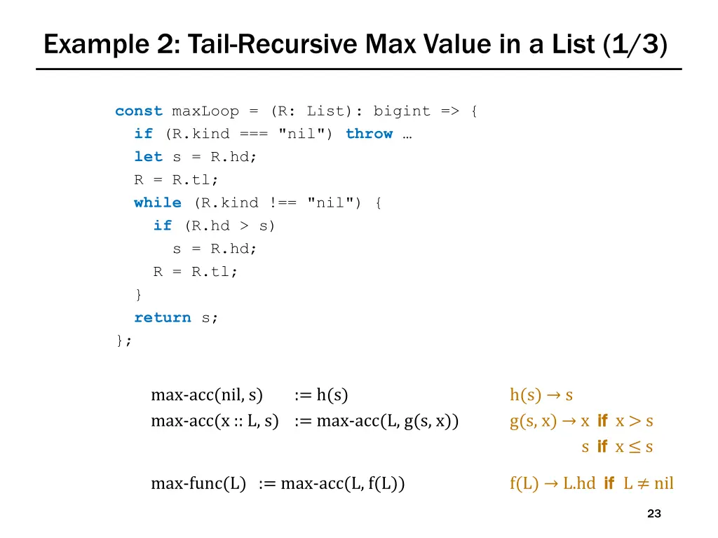 example 2 tail recursive max value in a list 1 3