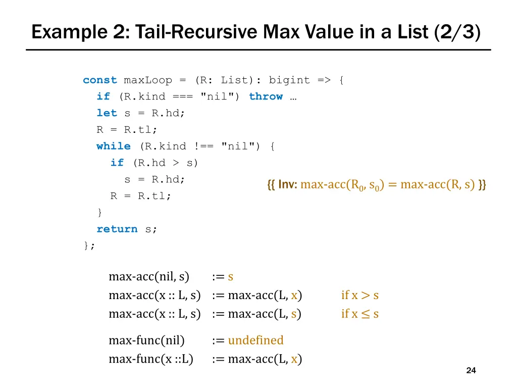 example 2 tail recursive max value in a list 2 3