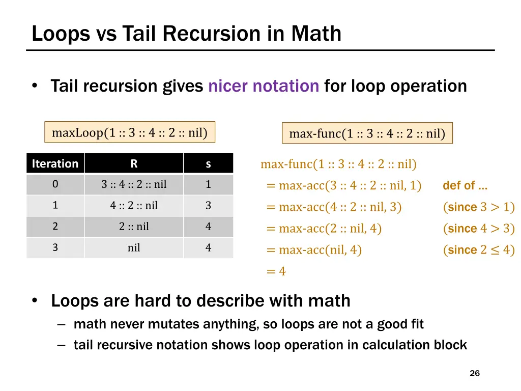 loops vs tail recursion in math