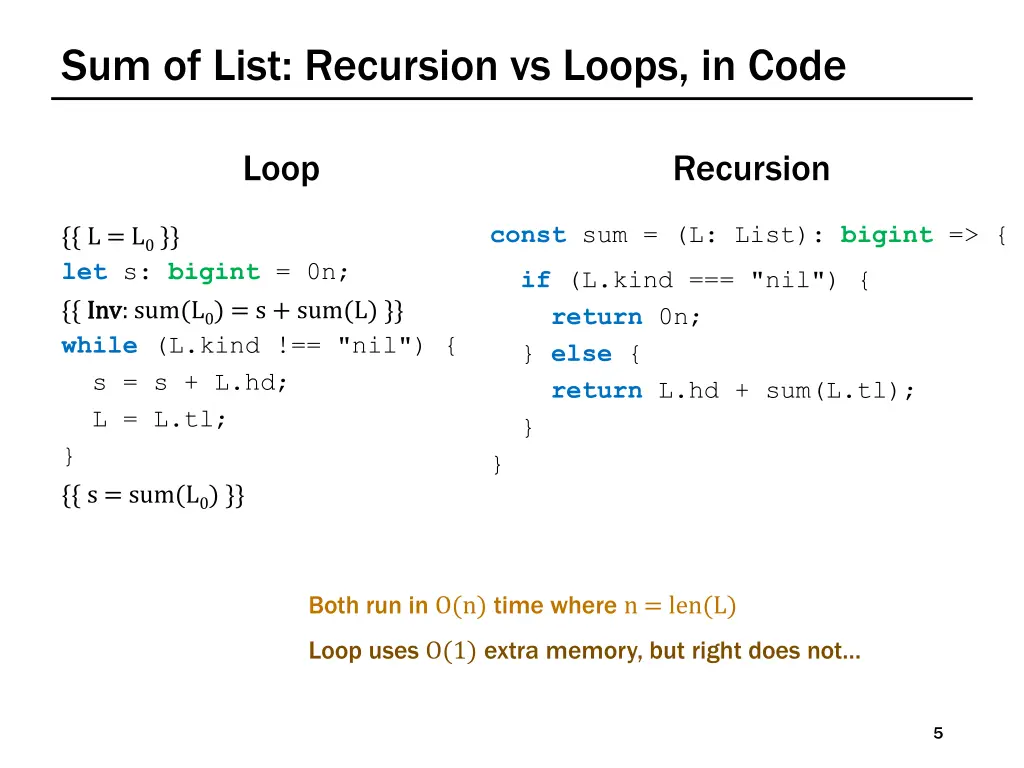 sum of list recursion vs loops in code