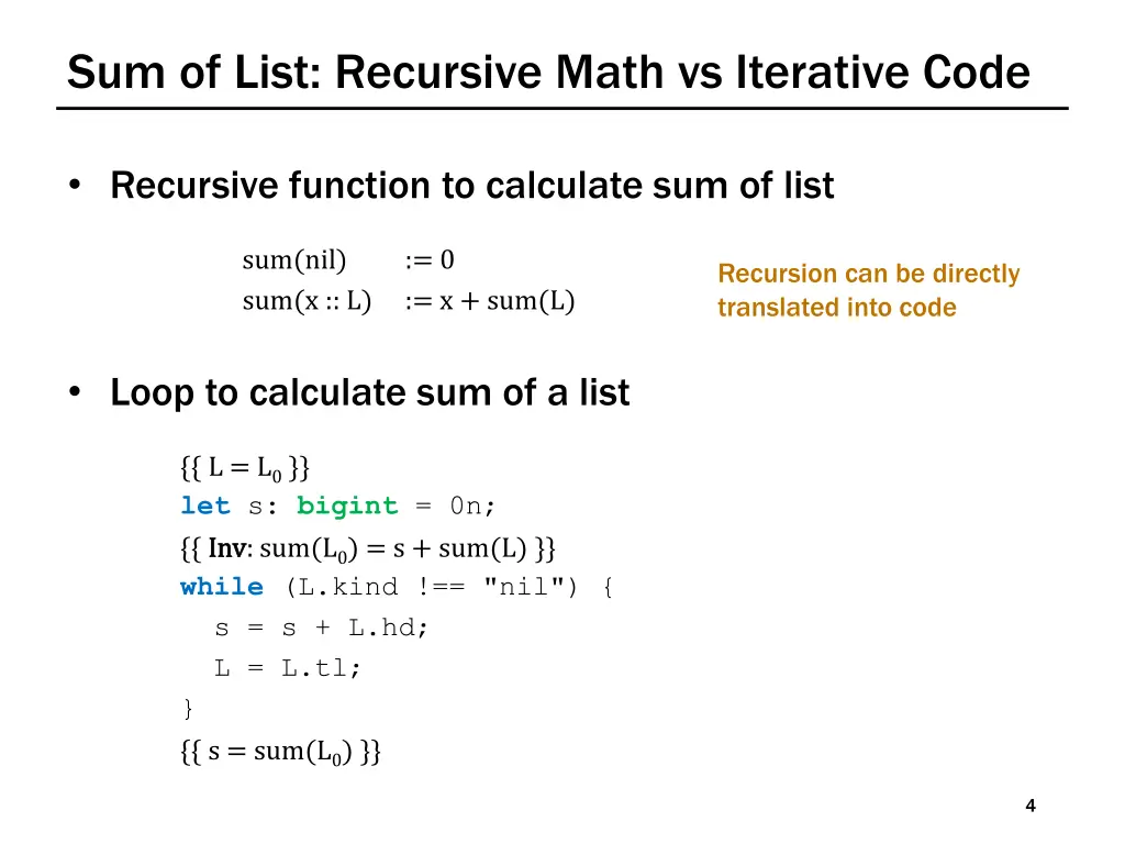 sum of list recursive math vs iterative code