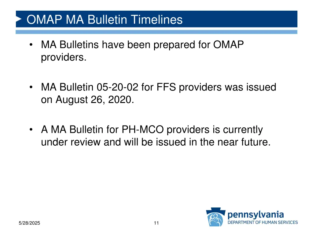 omap ma bulletin timelines