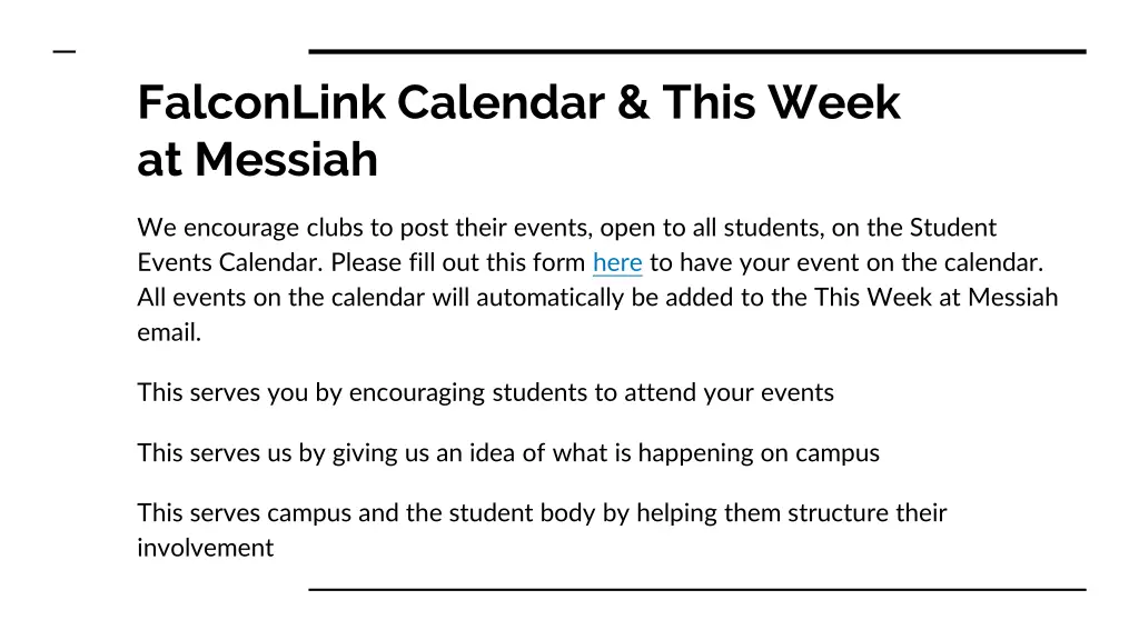 falconlink calendar this week at messiah