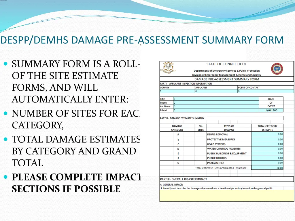 despp demhs damage pre assessment summary form