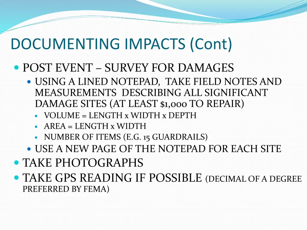 documenting impacts cont