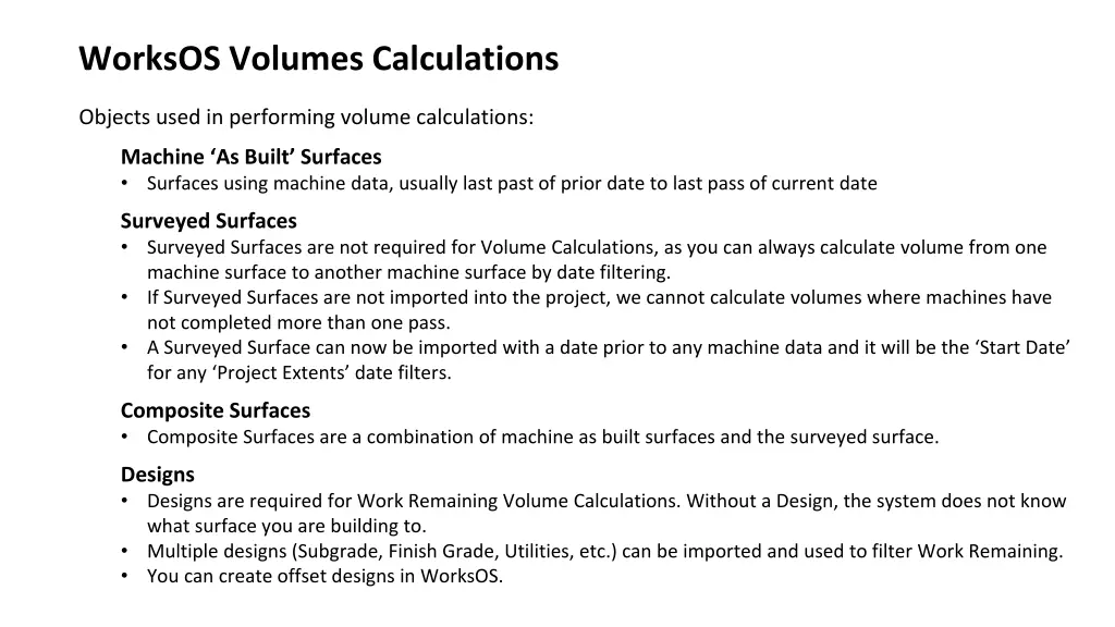 worksos volumes calculations