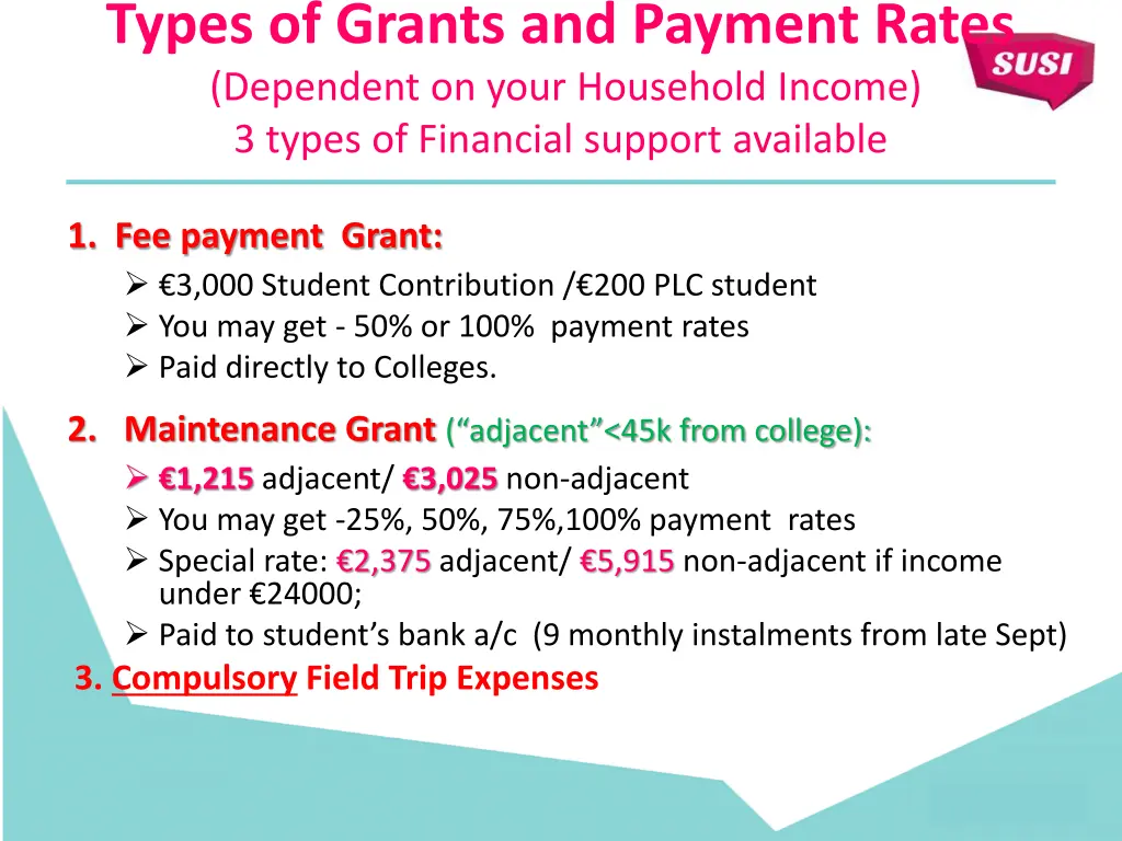 types of grants and payment rates dependent