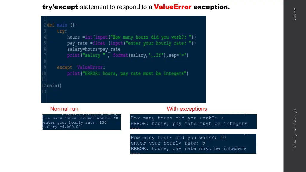 try except statement to respond to a valueerror