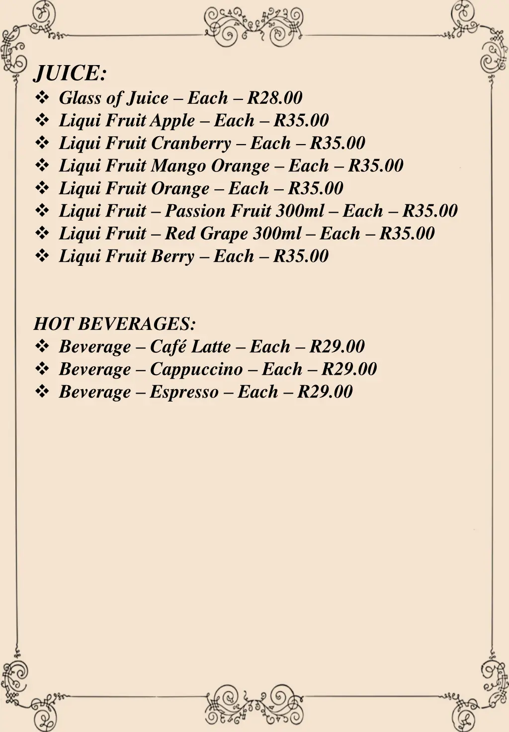 juice glass of juice each r28 00 liqui fruit