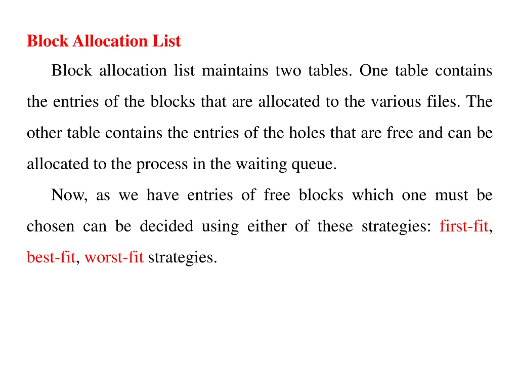 block allocation list