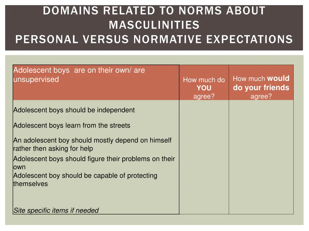 domains related to norms about masculinities 1