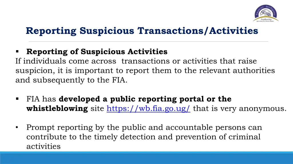 reporting suspicious transactions activities