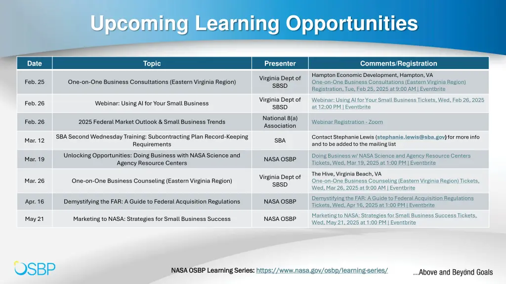 upcoming learning opportunities