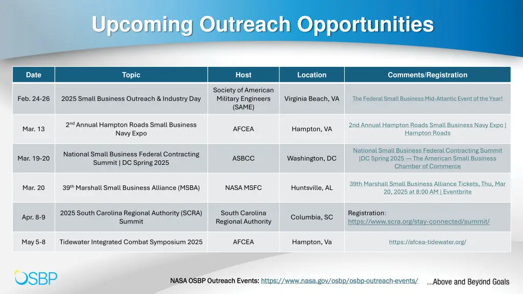 upcoming outreach opportunities