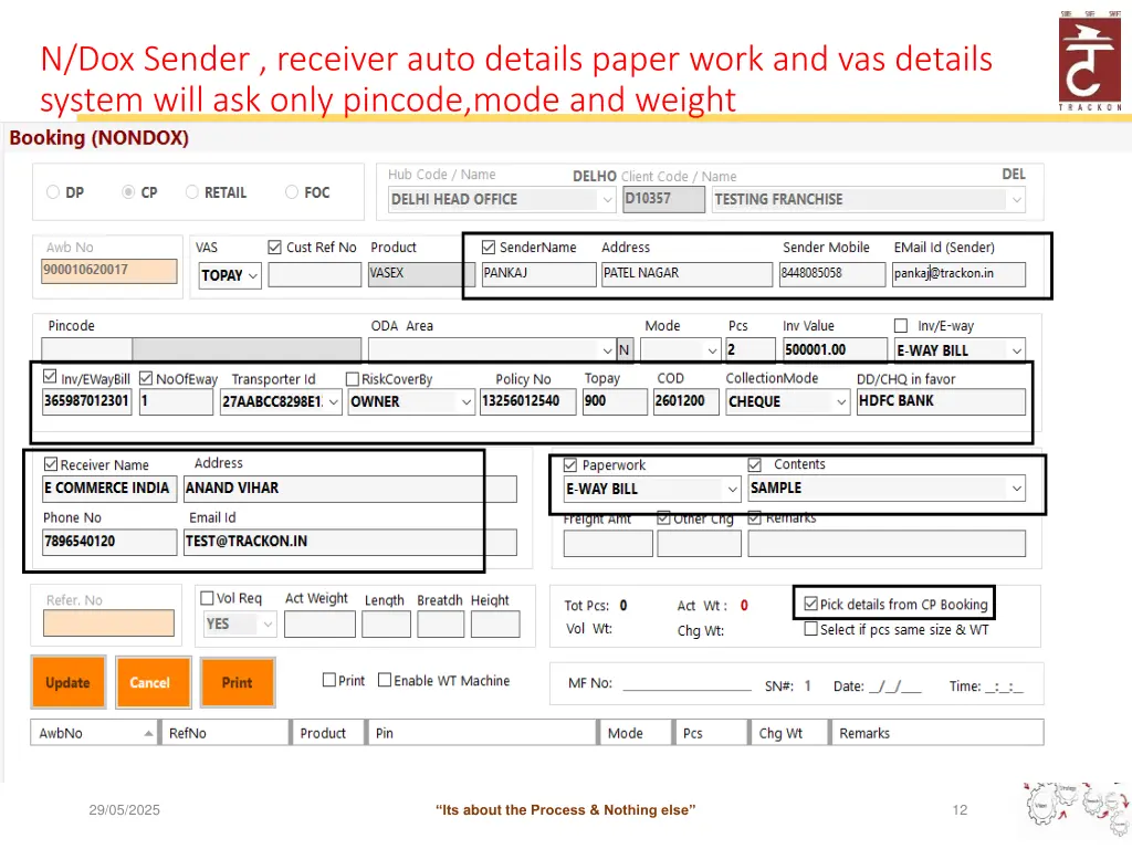 n dox sender receiver auto details paper work