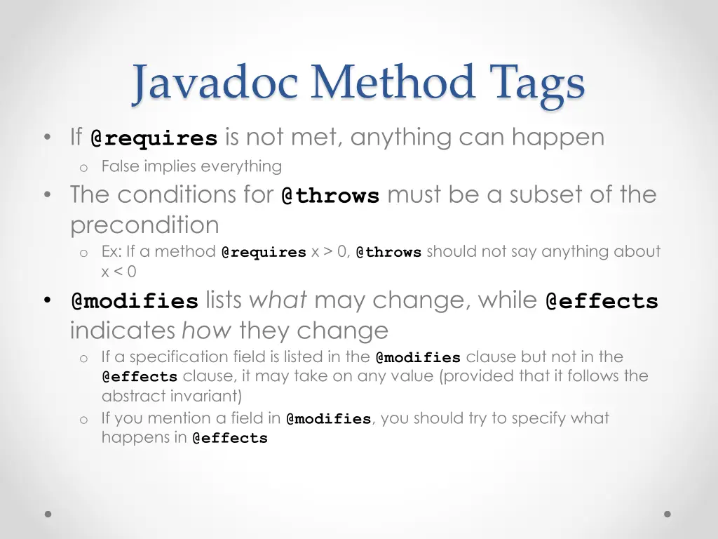 javadoc method tags if @requires