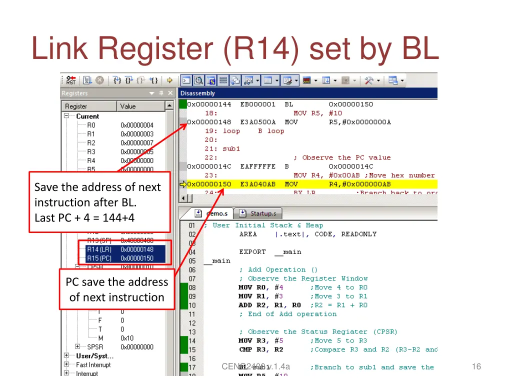 link register r14 set by bl