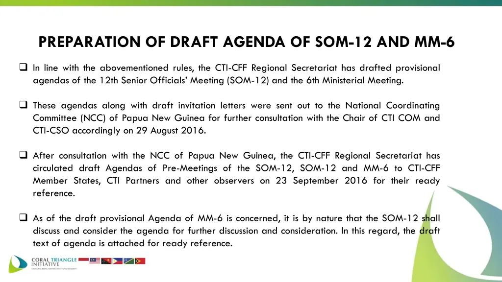 preparation of draft agenda of som 12 and mm 6
