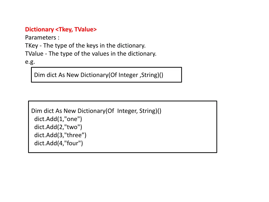 dictionary tkey tvalue parameters tkey the type