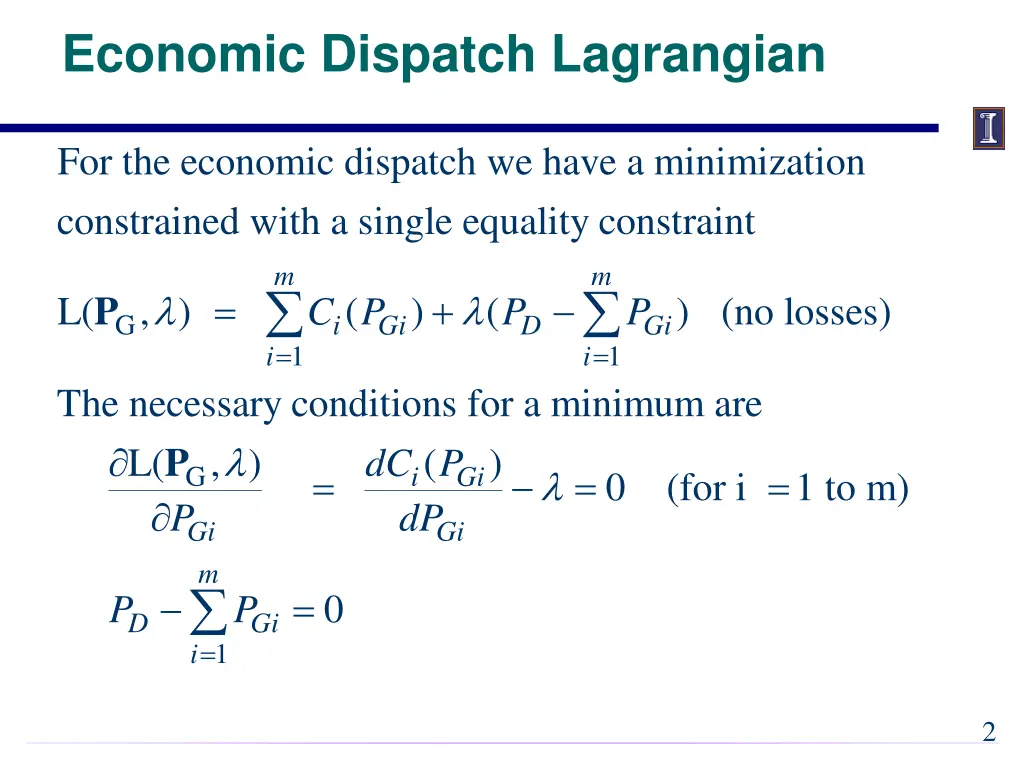 economic dispatch lagrangian
