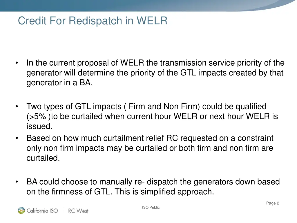 credit for redispatch in welr 1