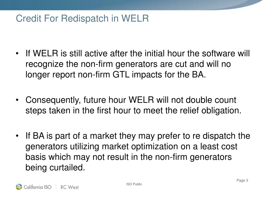 credit for redispatch in welr 2