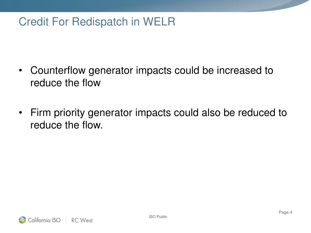 credit for redispatch in welr 3