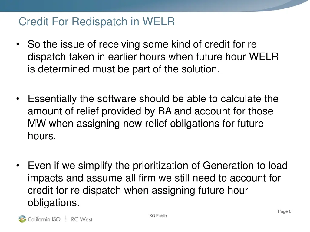 credit for redispatch in welr 5