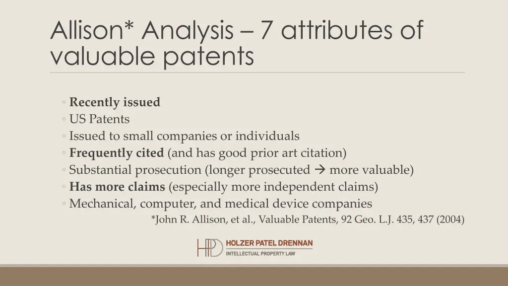 allison analysis 7 attributes of valuable patents