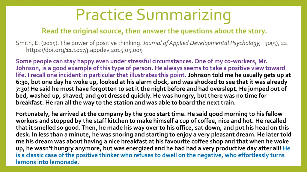 practice summarizing read the original source