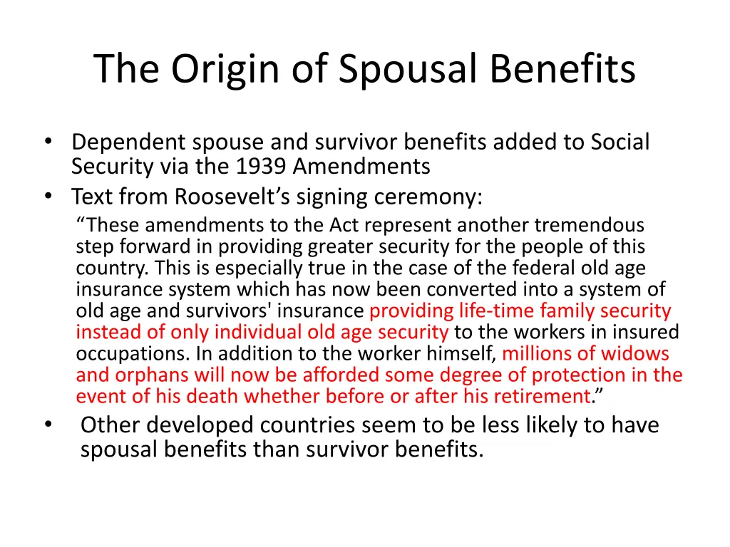 the origin of spousal benefits