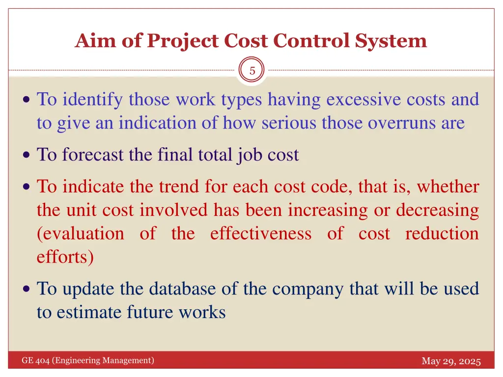aim of project cost control system