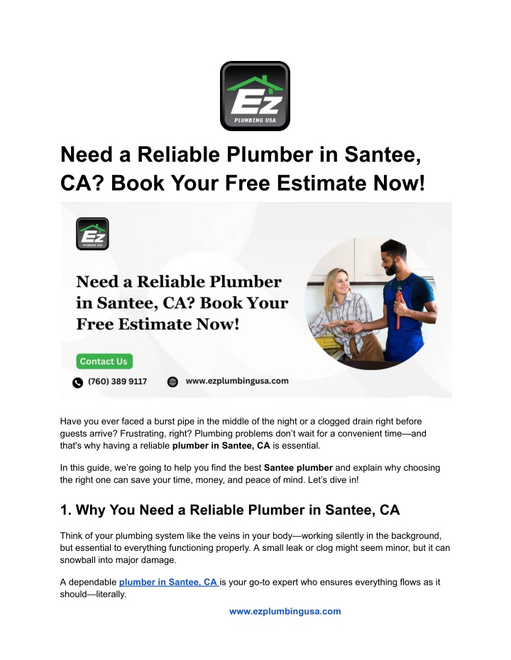 need a reliable plumber in santee ca book your