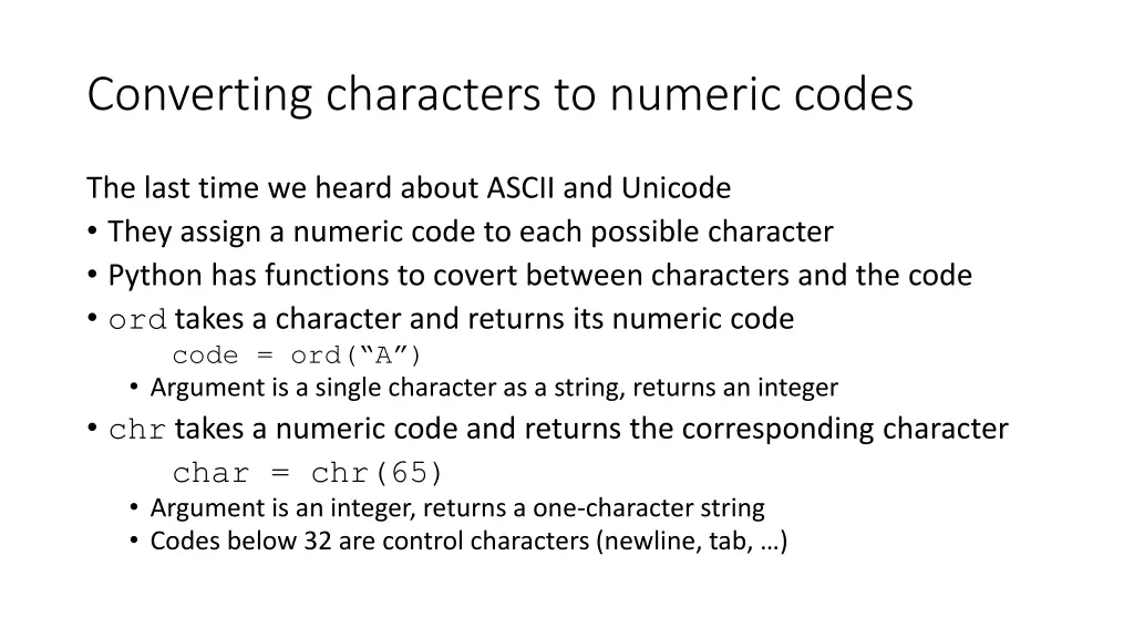 converting characters to numeric codes