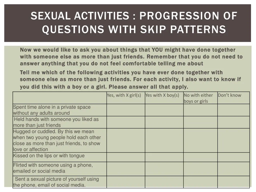 sexual activities progression of questions with 1