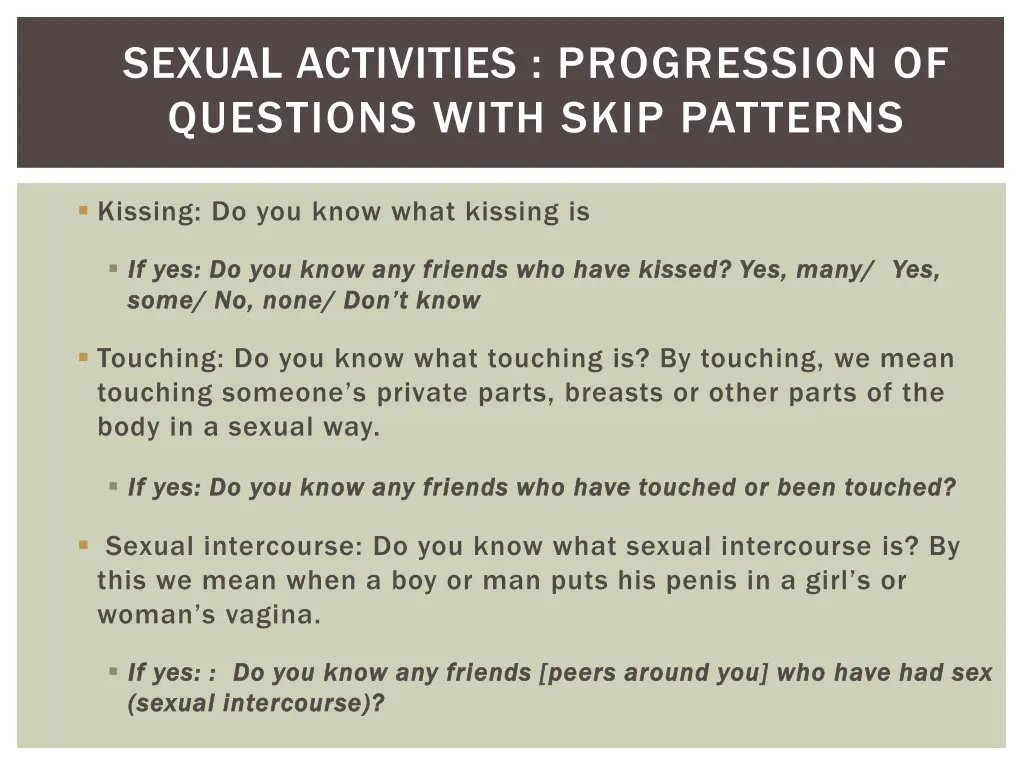 sexual activities progression of questions with