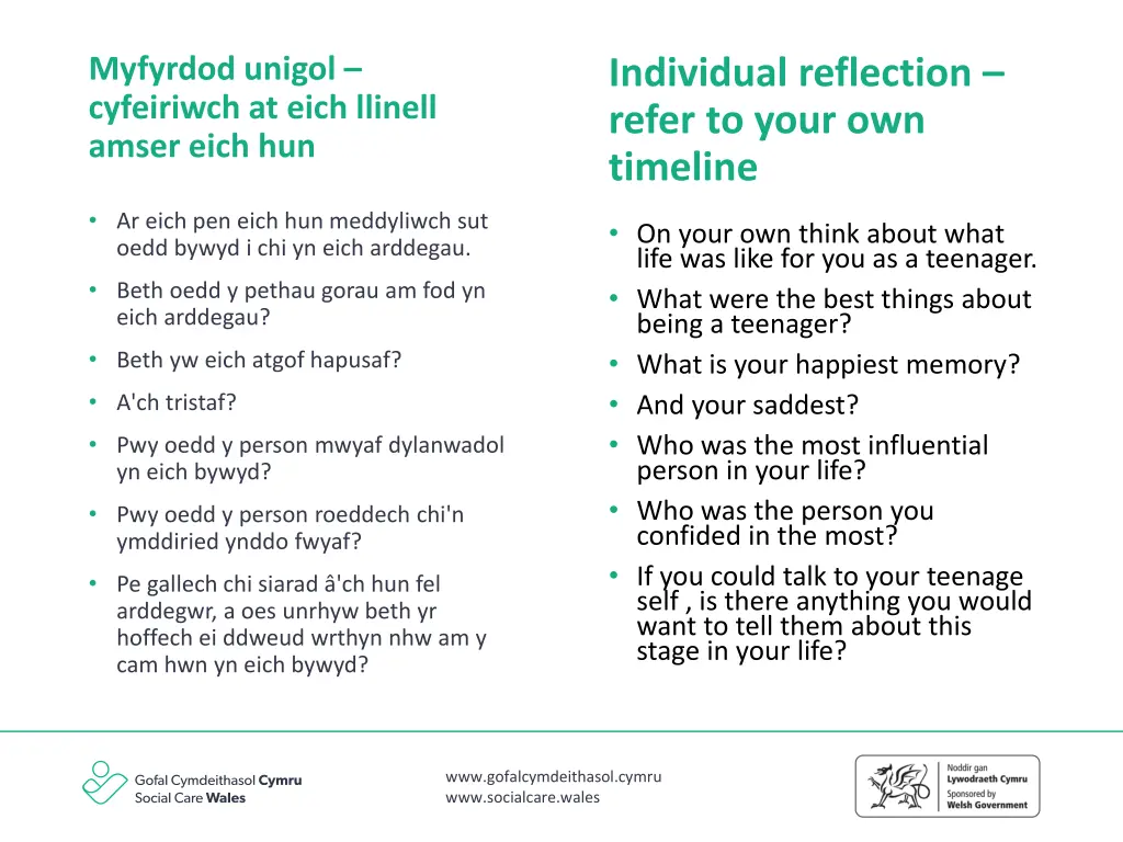 myfyrdod unigol cyfeiriwch at eich llinell amser