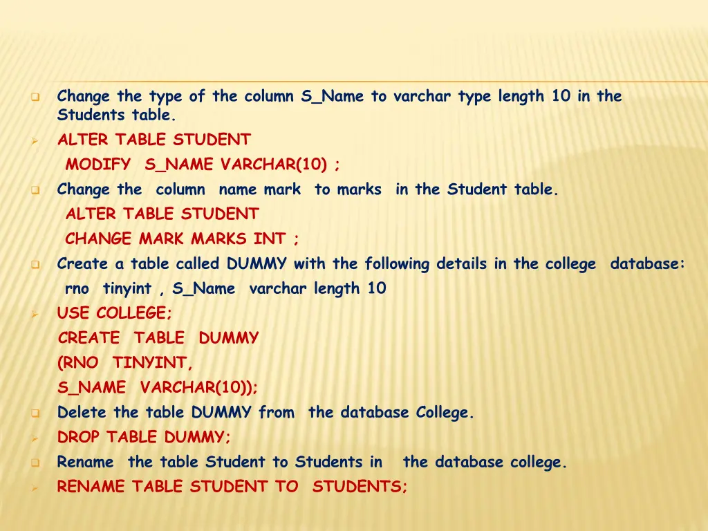 change the type of the column s name to varchar