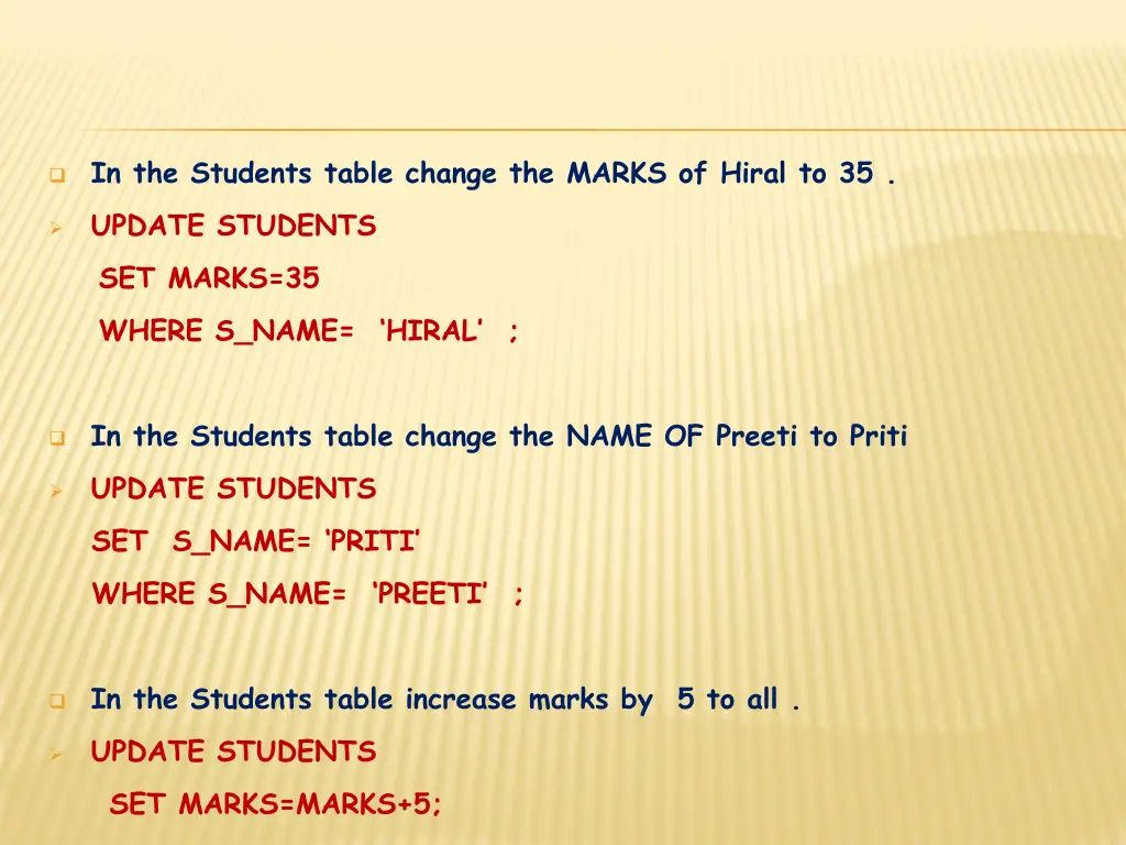 in the students table change the marks of hiral