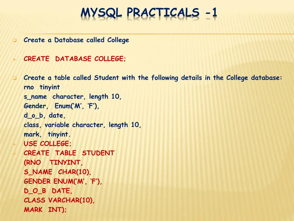 mysql practicals 1