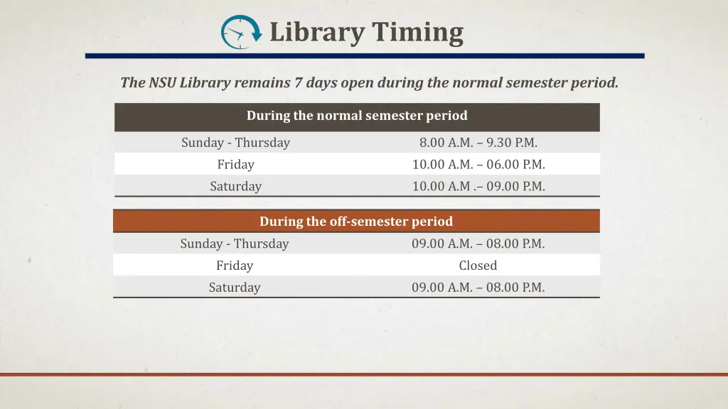 library timing