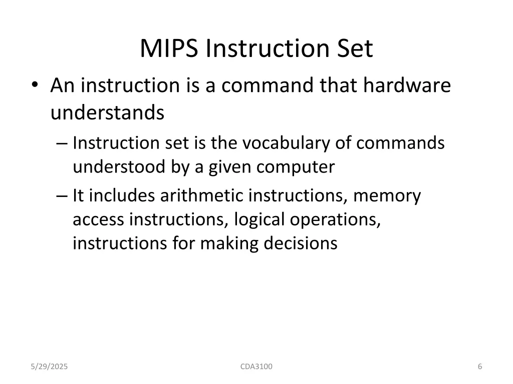 mips instruction set an instruction is a command