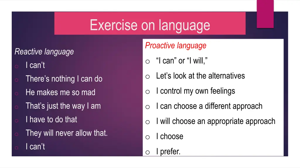 exercise on language