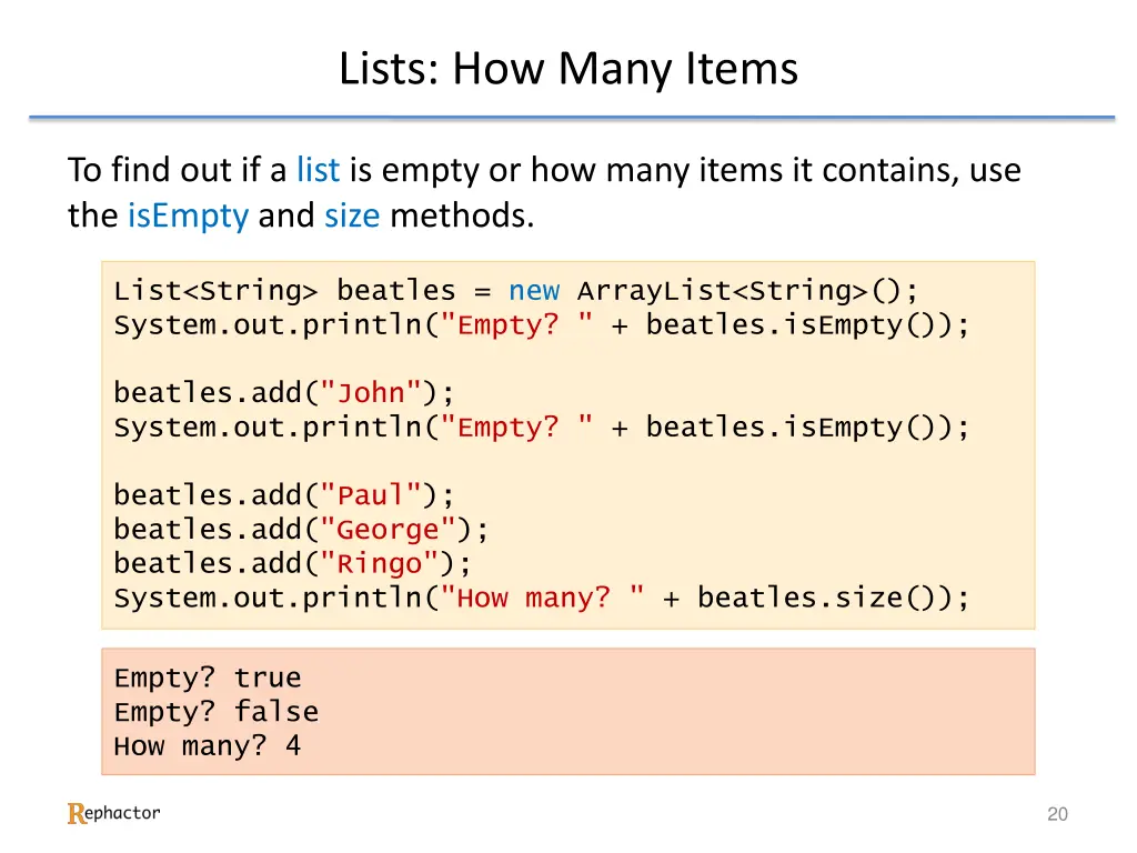 lists how many items
