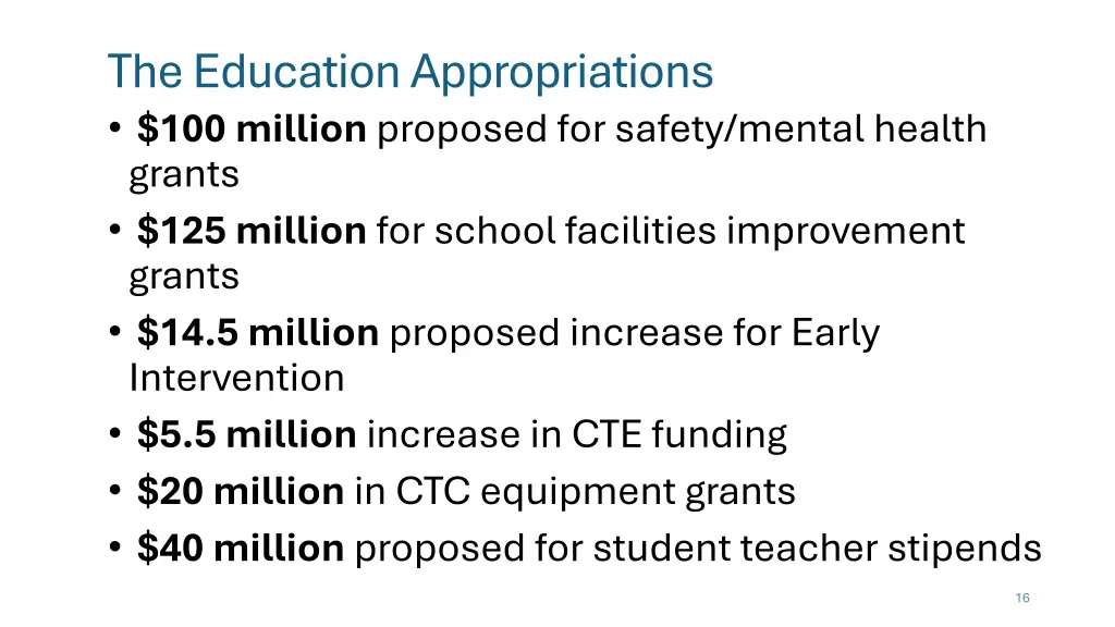 the education appropriations 100 million proposed