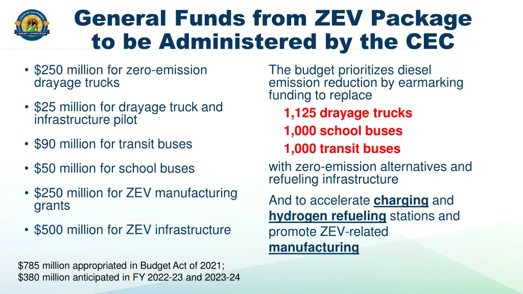 general funds from zev package to be administered