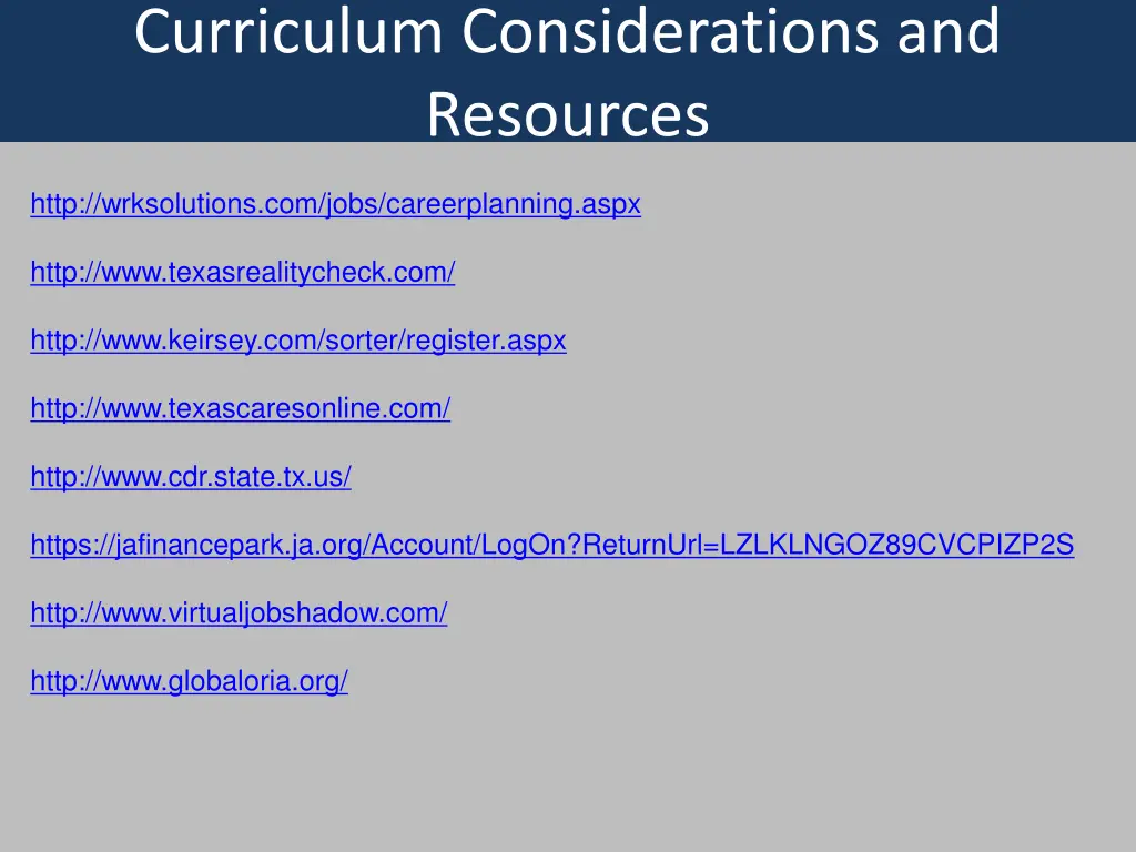 curriculum considerations and resources