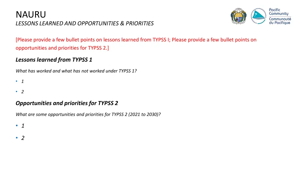 nauru lessons learned and opportunities priorities