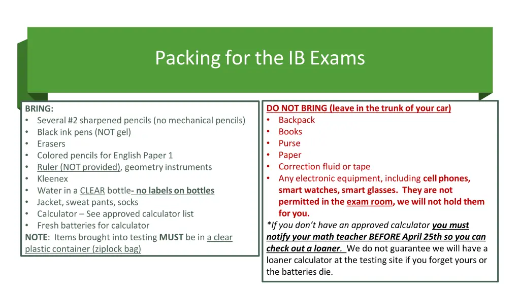 packing for the ib exams
