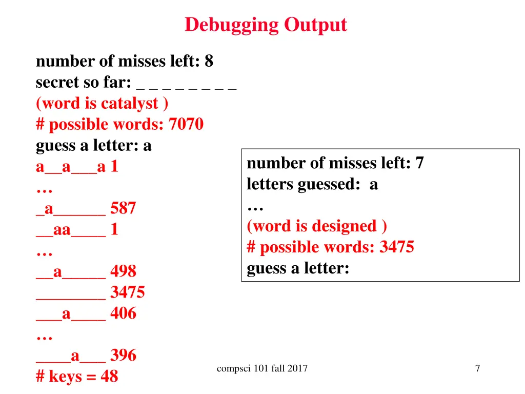 debugging output